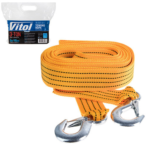 Трос буксировальний  3т 6,0м  46мм VITOL  ТР-207-3-1  жовтий,гак,в кульку