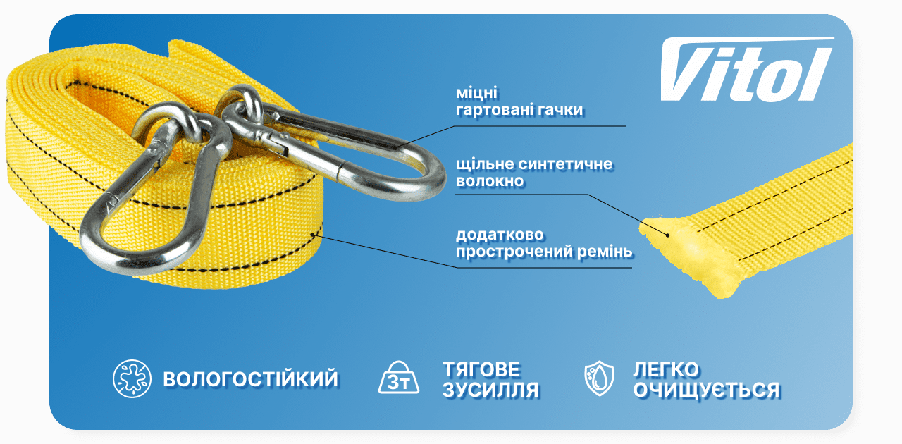 Трос буксировальний  3т 4,5м  47мм VITOL  ТР-202-3-2  жовтий,карабін,блістер