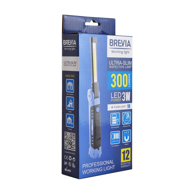 Ліхтар інспекційний Brevia LED Ultra-slim 3W COB+1W LED 300lm 2000mAh microUSB 11360