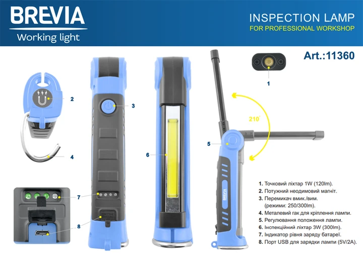 Ліхтар інспекційний Brevia LED Ultra-slim 3W COB+1W LED 300lm 2000mAh microUSB 11360