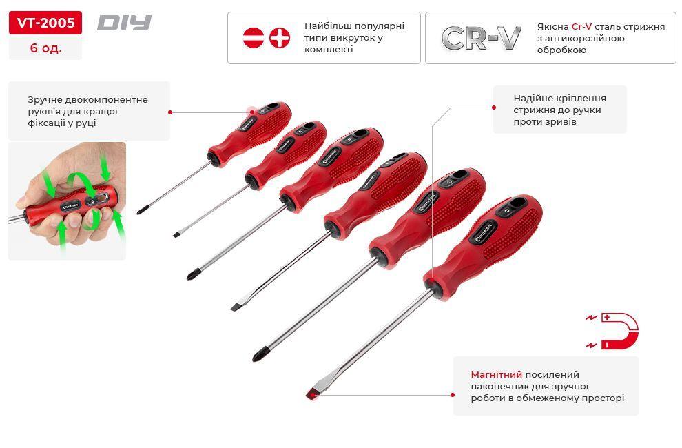 Набір викруток 6ед. (SL3x75, SL5x100, SL6x125, PH0x75, PH1x100, PH2x125) Cr-V, Ergo-design INTERTOOL VT-2005