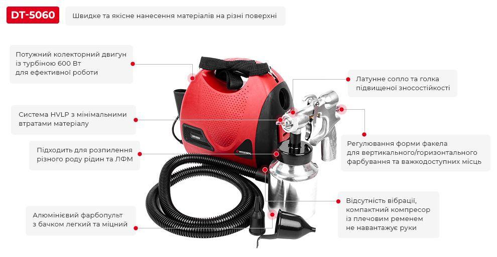 Фарбопульт електричний HVLP 600 Вт, форсунка 1.8 мм, бачок 1л., 0.14-0.70 Бар, 450-550 мл / хв INTERTOOL DT-5060