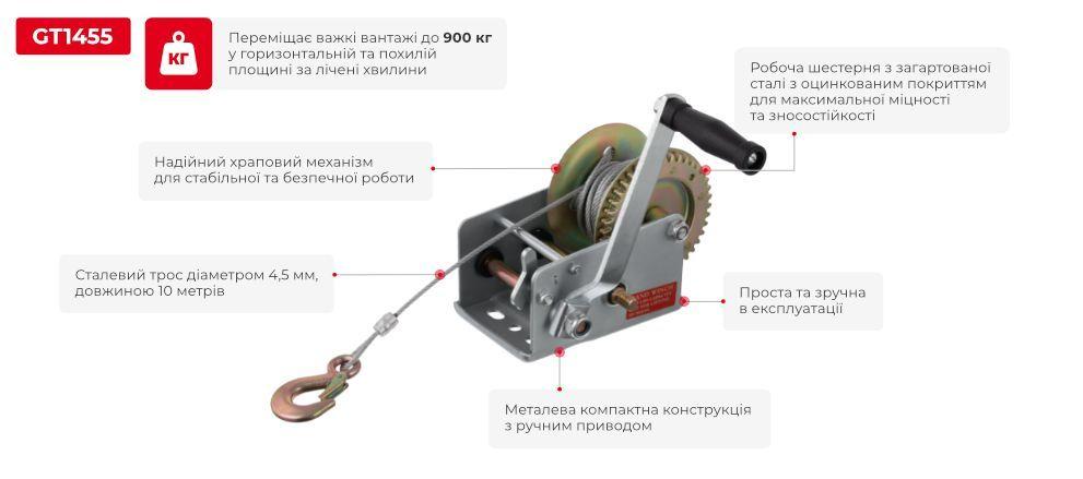 Лебідка важільна барабанна, сталевий трос, тягове зусилля - 900 кг INTERTOOL GT1455