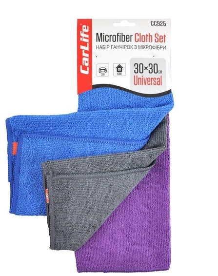 Carlife  CC925  Ганчірки з мікрофібри  30*30 см синя,сіра,фіолетова 3шт. (блістер)