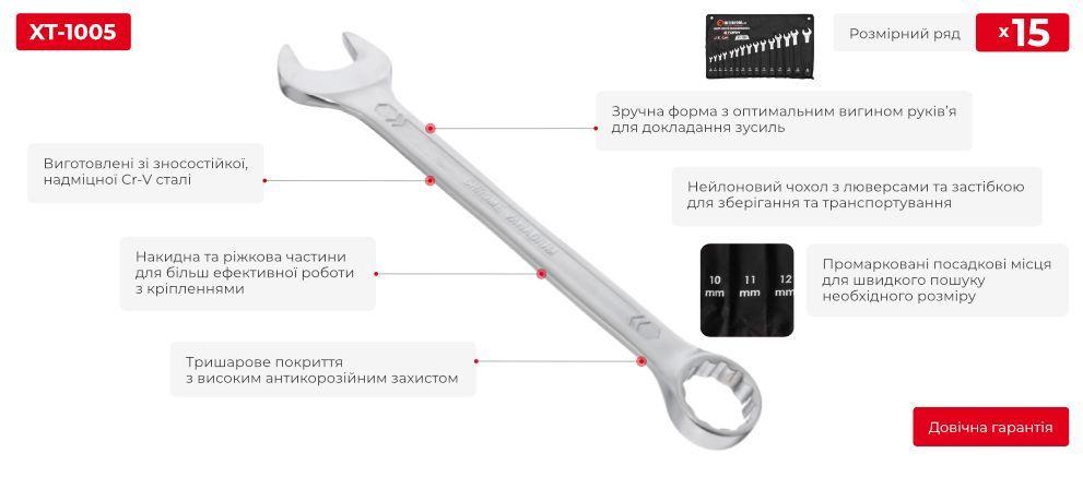 Набір ключів комбінованих 15шт., 6-22 мм, Cr-V, чохол, DIN3113, STORM INTERTOOL XT-1005